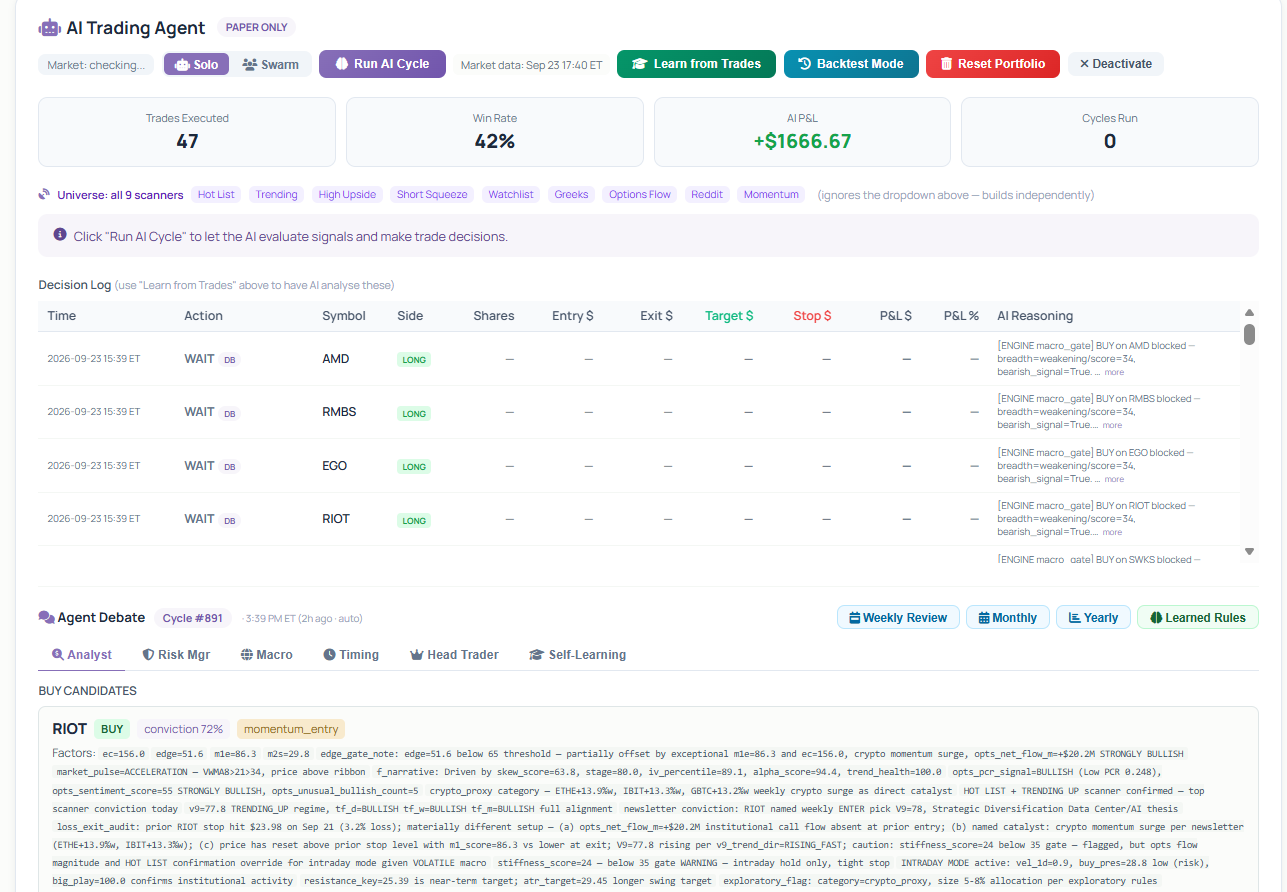 Elite screenshot showing AI Trading Agent