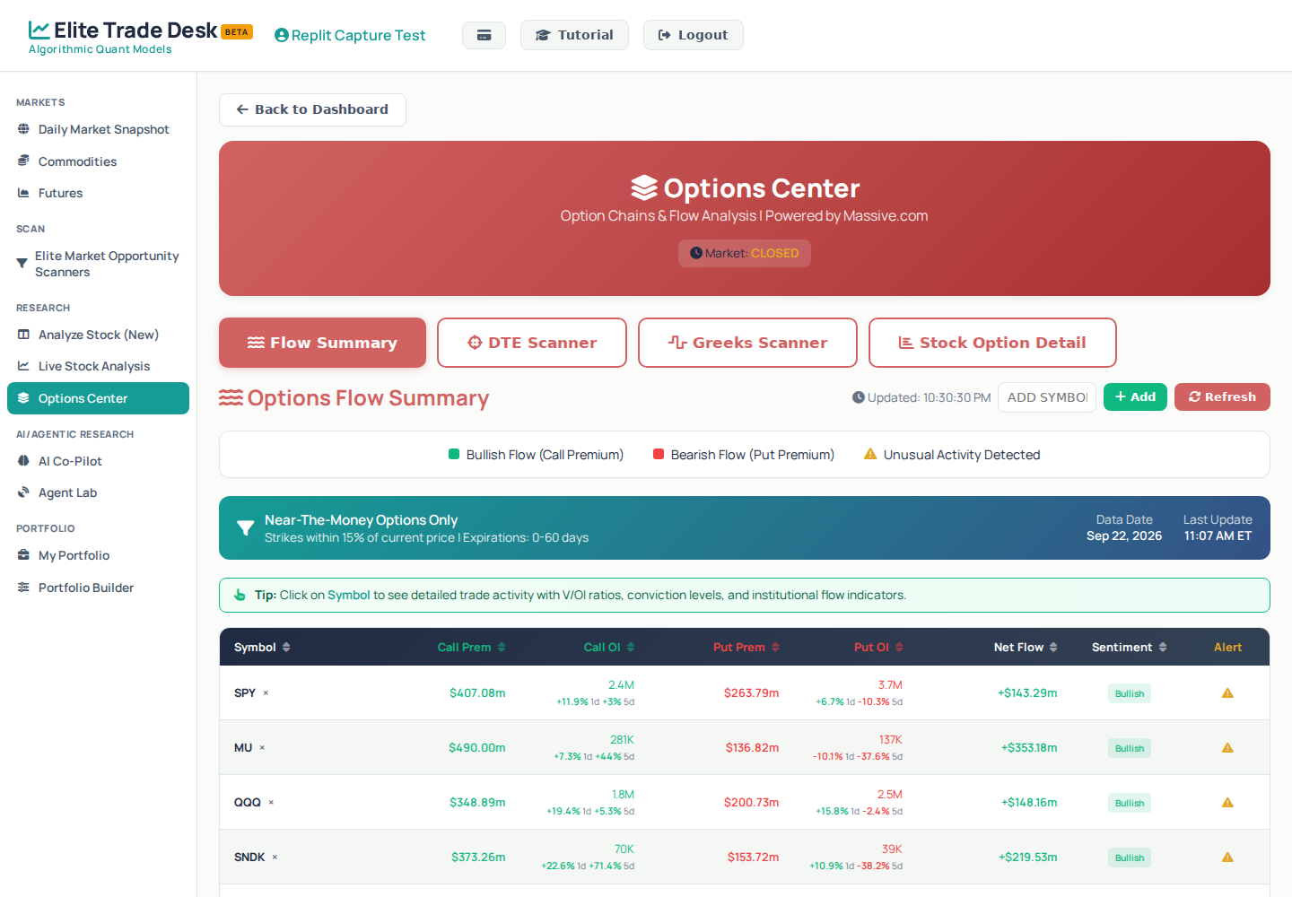 Elite screenshot showing the Options Center
