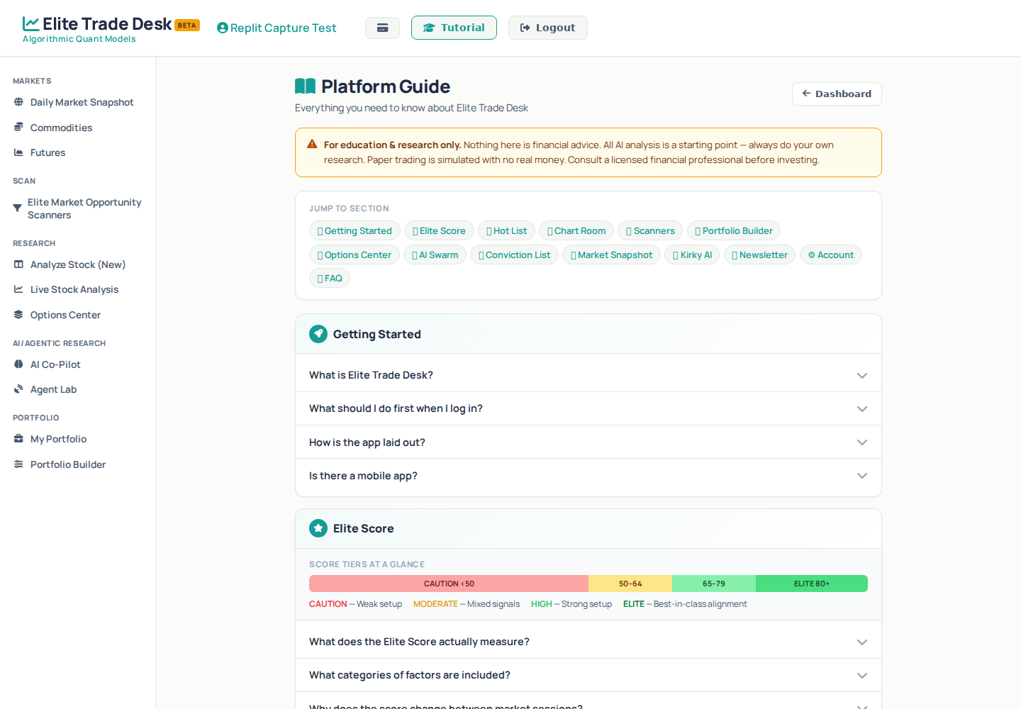Elite screenshot showing the Platform Guide